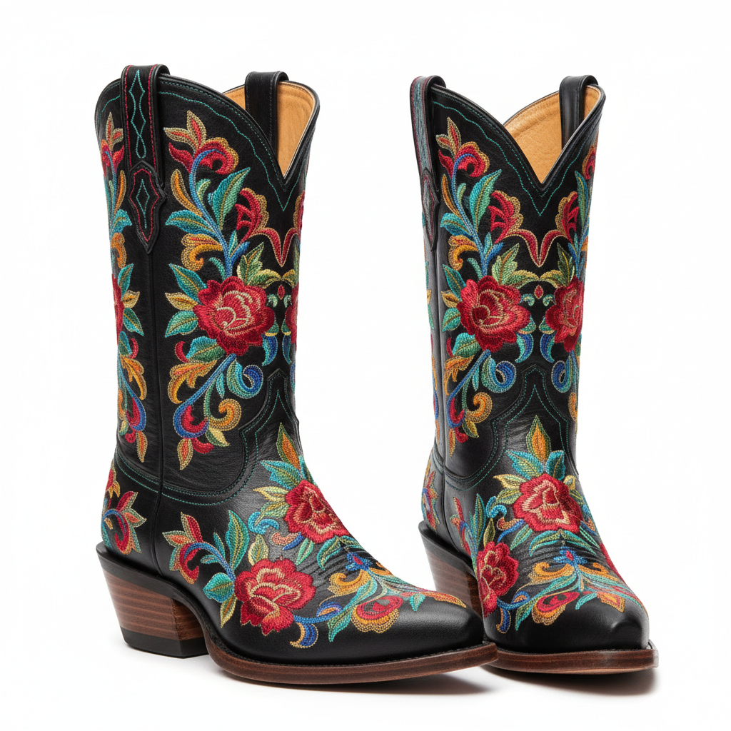 Black leather cowboy boots with colorful floral embroidery