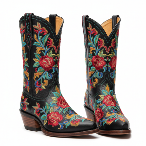 Black leather cowboy boots with colorful floral embroidery