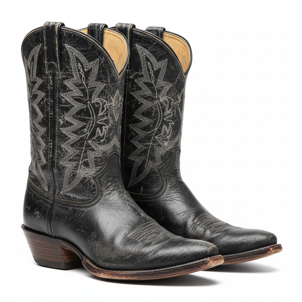 Distressed black leather cowboy boots with vintage worn-in finish
