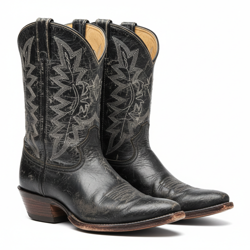 Distressed black leather cowboy boots with vintage worn-in finish