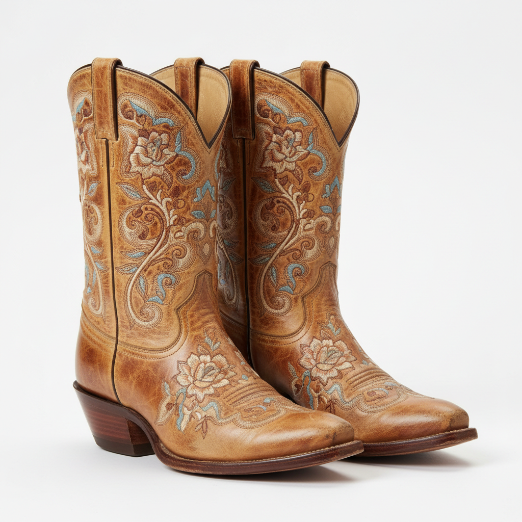 Vintage distressed tan leather cowboy boots with floral stitching