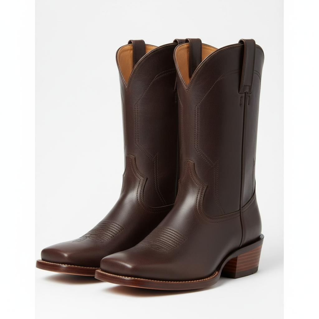 Square toe cowboy boots in dark chocolate brown leather