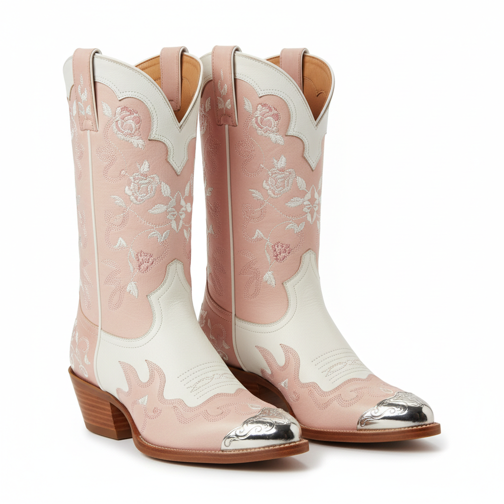 Women's pink and white leather cowboy boots with floral stitching