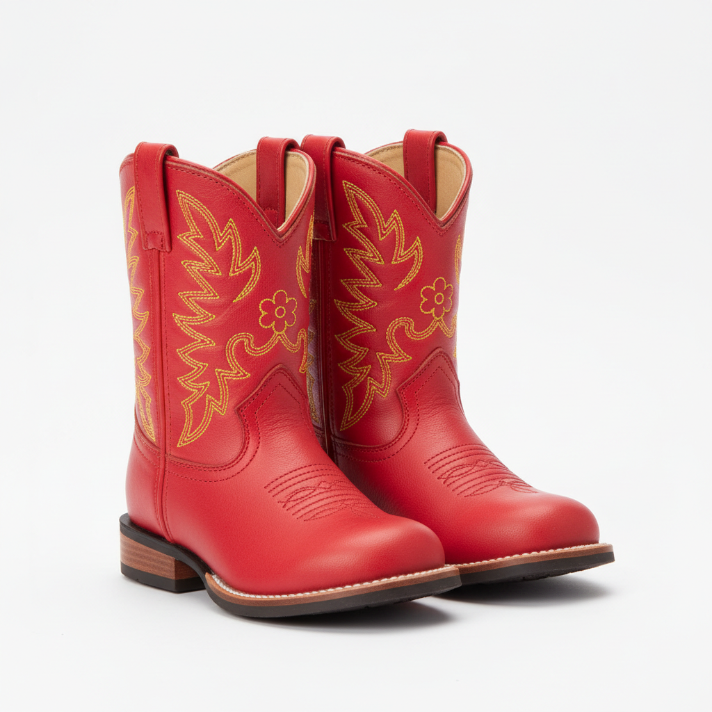 Kids red leather cowboy boots with yellow stitching