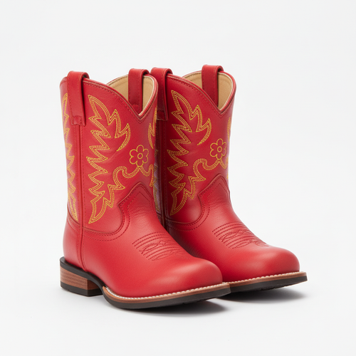 Kids red leather cowboy boots with yellow stitching